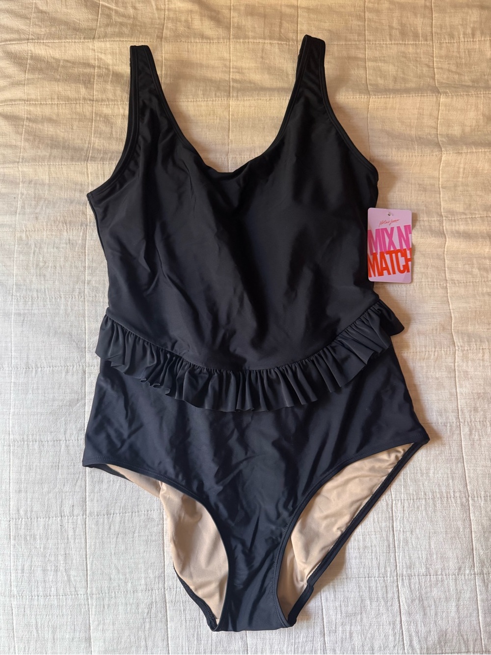 NWT Kortni Jeane Black Ruffle Scoop One-Piece Swimsuit